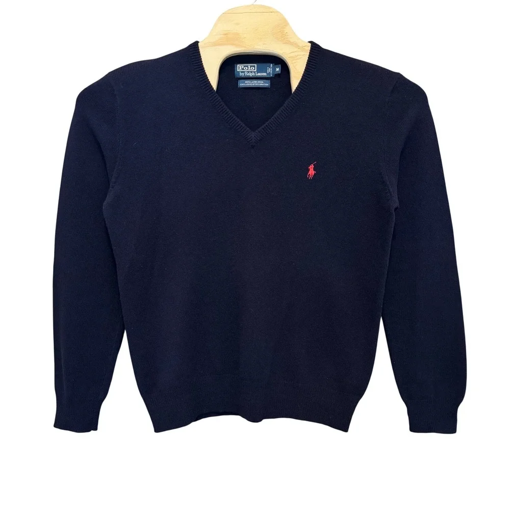 Vintage‎ Polo Ralph Lauren V-Neck Sweater M Navy Blue 100% Lambswool Pony Preppy